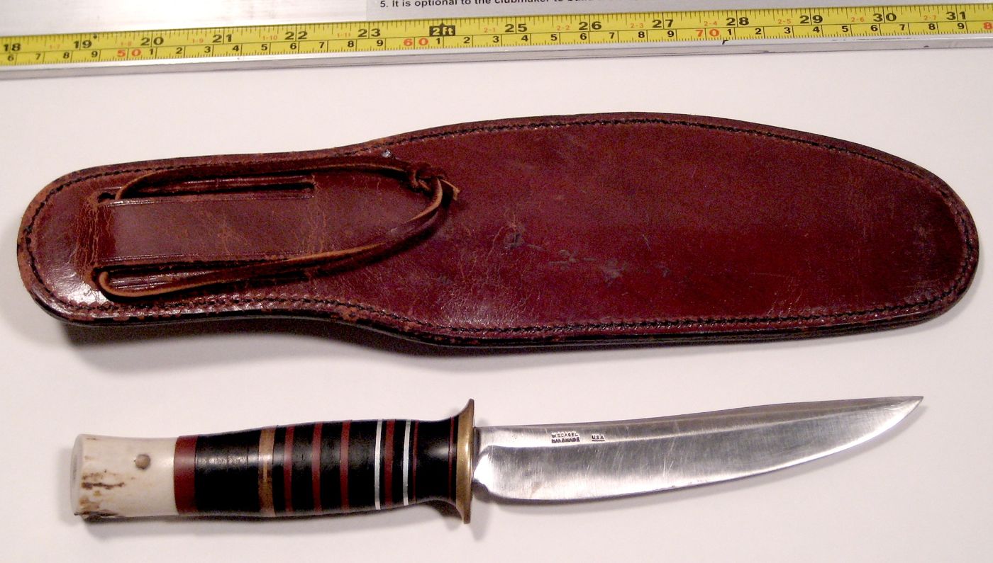 W. Scagel Handmade USA marked hunting knife with unmarked Scagel sheath